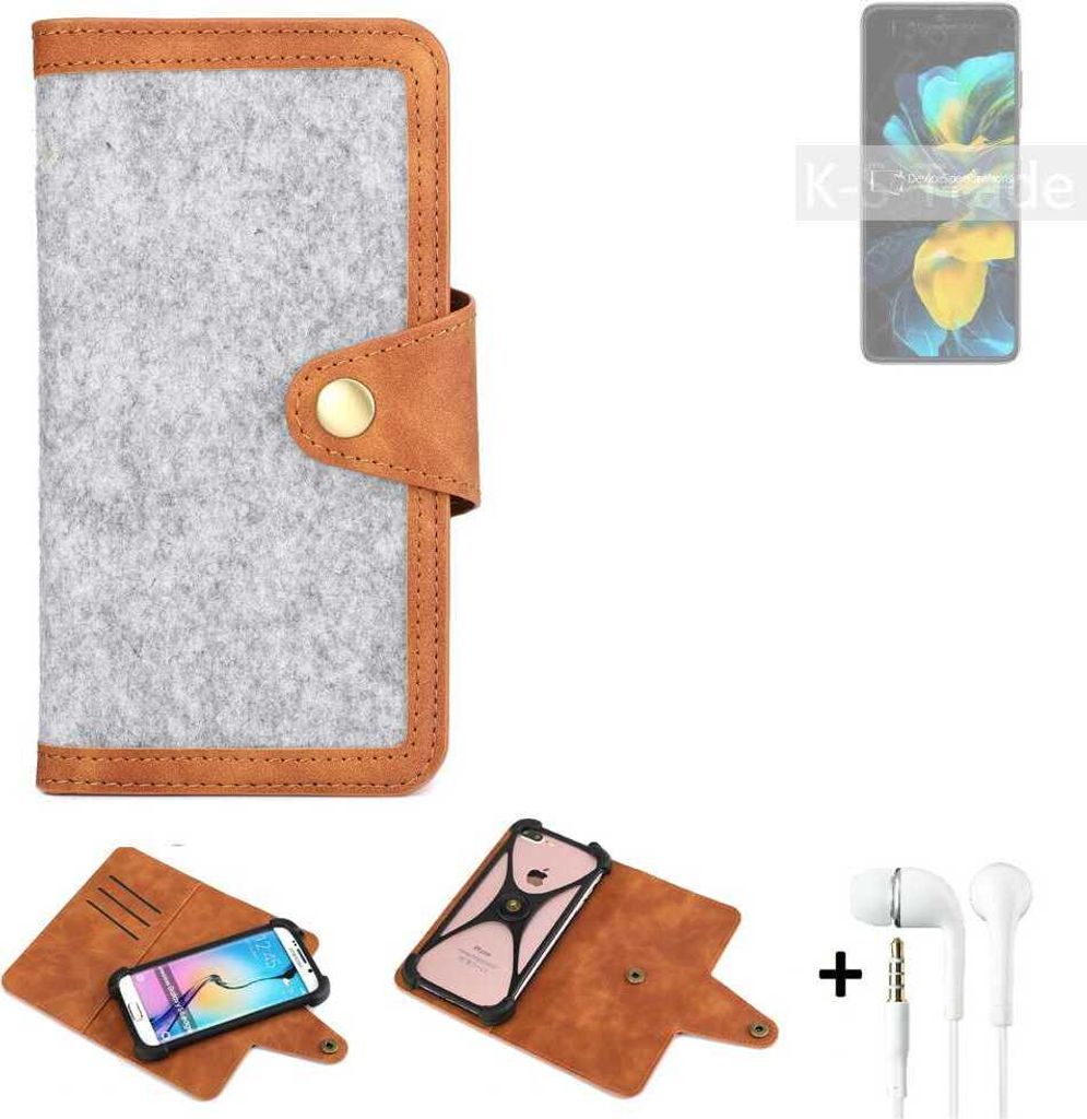 K-S-Trade Handyhülle + Kopfhörer kompatibel mit Huawei Pocket S Schutzhülle Filz Hülle Kunstleder hellgrau braun (1x)