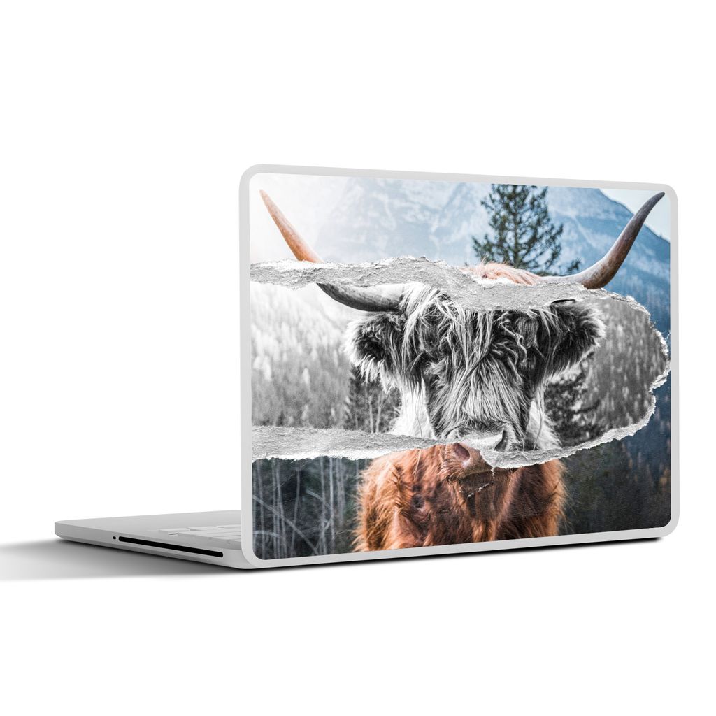 MuchoWow Laptop Aufkleber Sticker Cover Schottischer Highlander - Kuh - Schwarz - Weiß 40x30 cm - Laptop Dekoration - Selbstklebend