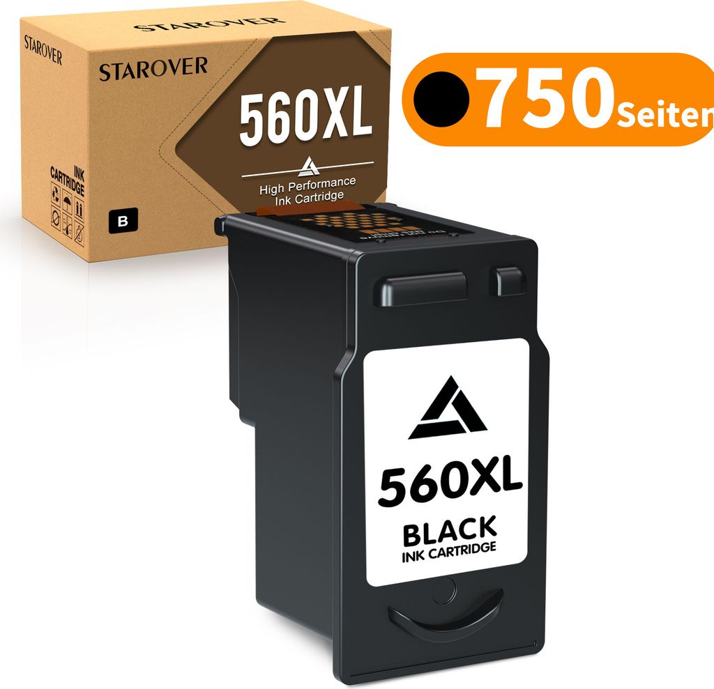 A black ink cartridge and its packaging are displayed against a white background.