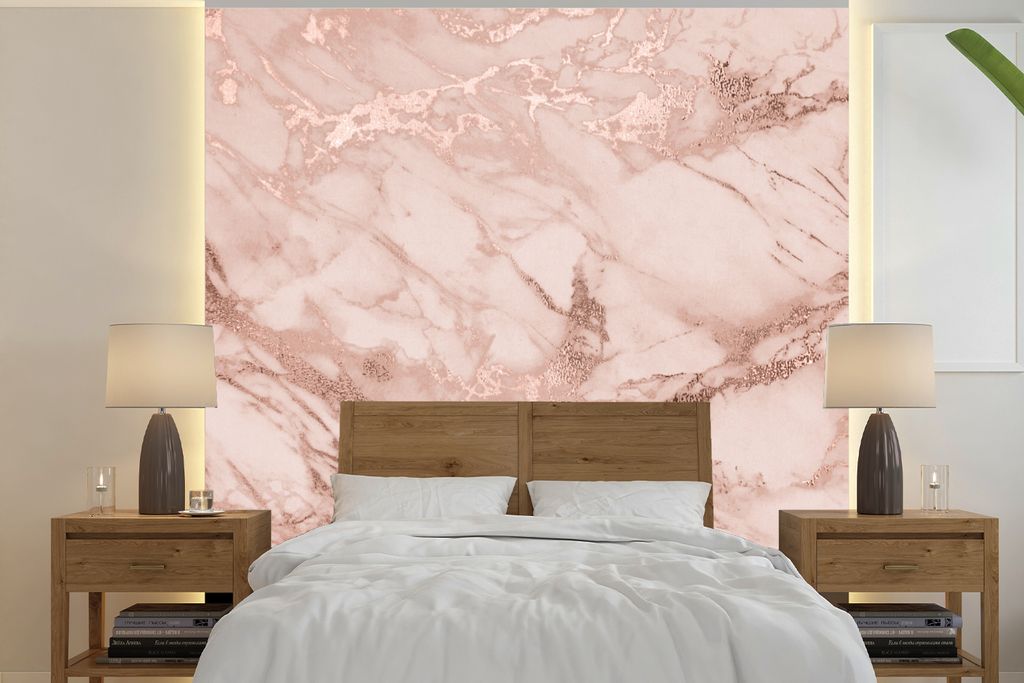 MuchoWow Fototapete für Wohnzimmer oder Schlafzimmer Wandtapete Vinyl Motivtapete Marmor - Muster - Rosa - 300x300 cm - Wanddekoration