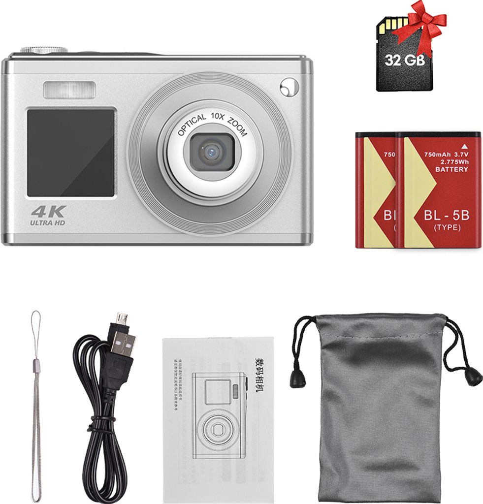 4K Digitalkamera 44 MP Mit Autofokus – 16x Zoom, 2,8" LCD, Inkl. 64 GB Karte & 2 Akkus (Silber)