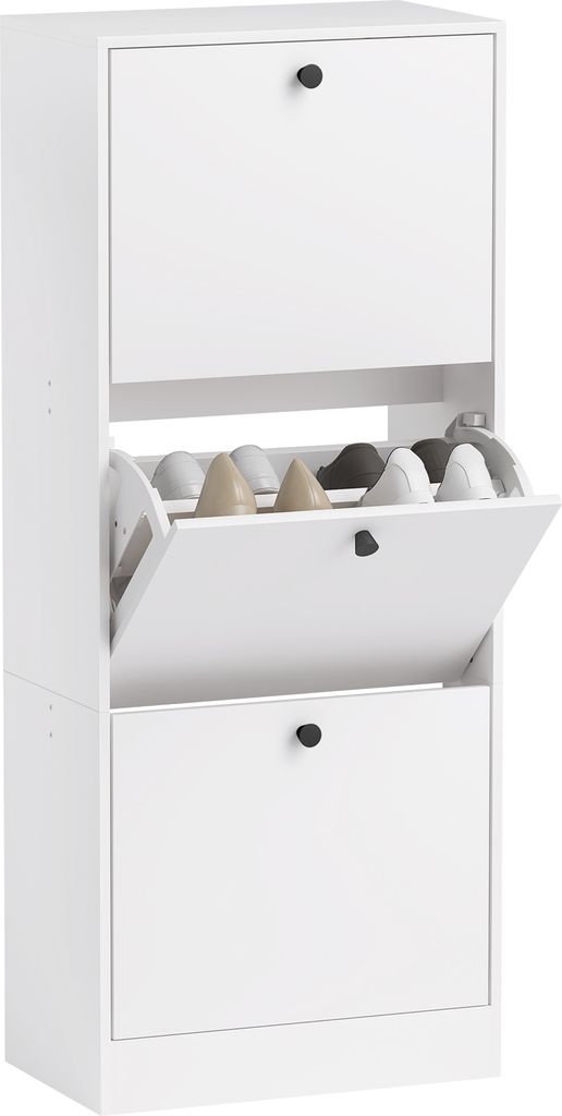 A white shoe cabinet with three flip-down doors, displaying shoes inside the open middle compartment.
