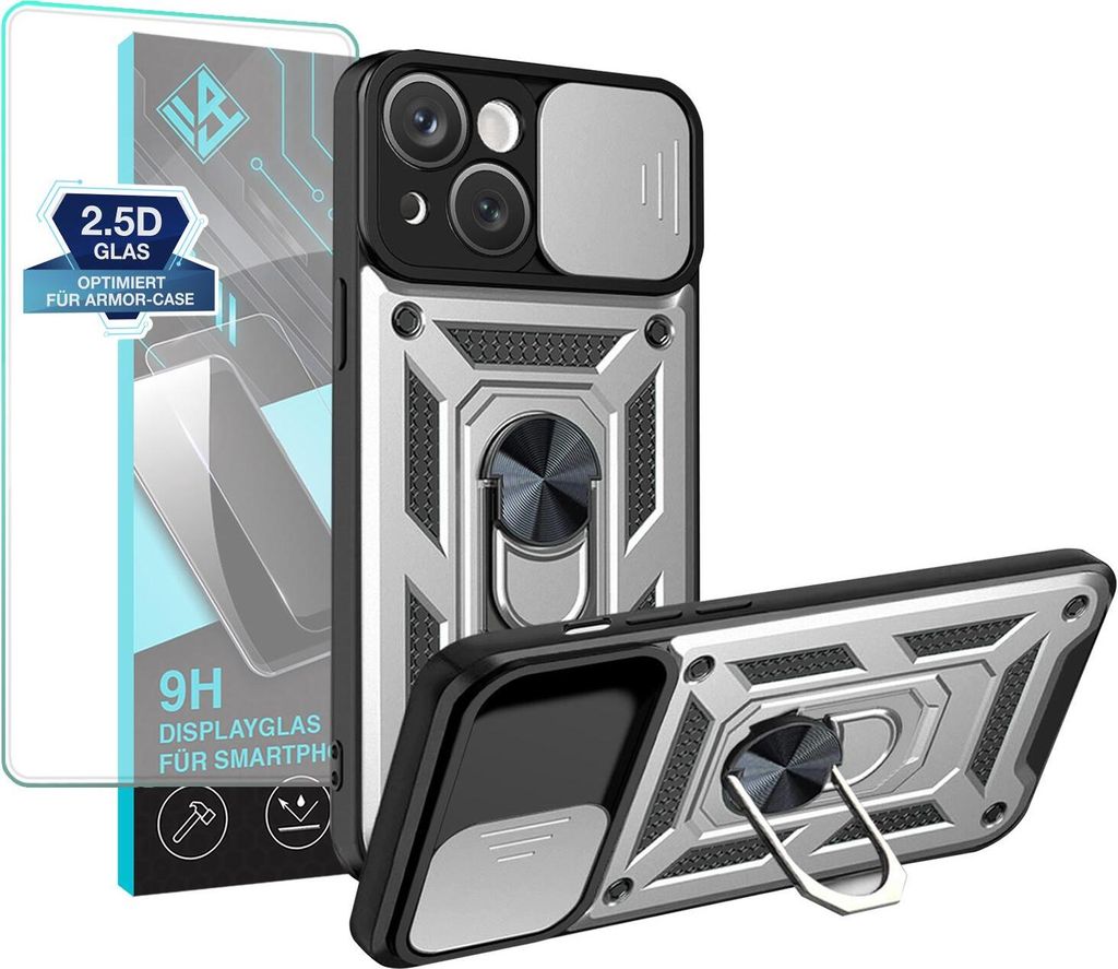 Armor Handyhülle für Apple iPhone 15 mit 9H Displayglas Displayschutz Kameraschutz Handy Panzer Case Cover Schutzhülle Outdoor Farbe: Silber