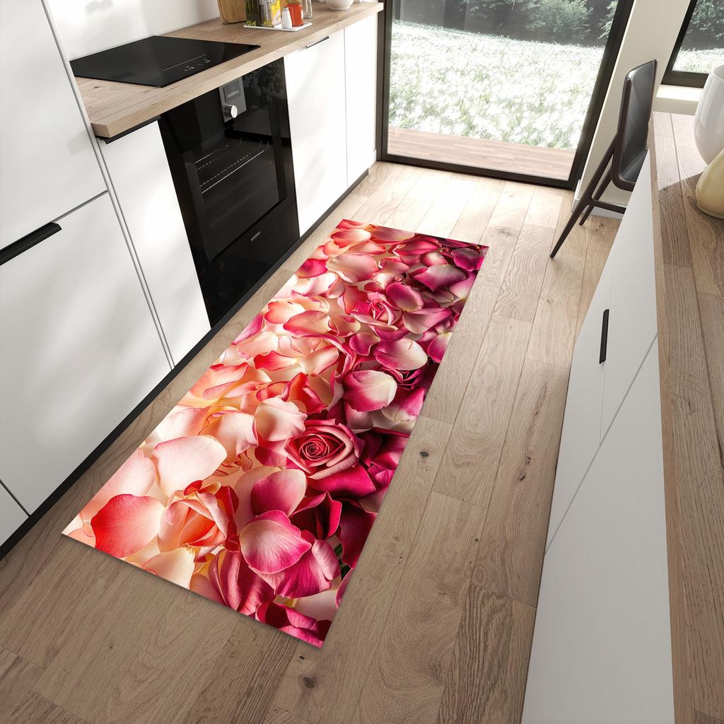 Küchenteppich 80x200cm rutschfest & abwischbar PVC Läufer - Rosenblätterbuntes Spiel