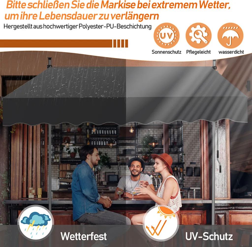 Tenda da sole a pinza Aopunly 350x120cm Tenda da sole per balcone regolabile in altezza con manovella Protezione solare senza foratura per terrazza e balcone Grigio - 4
