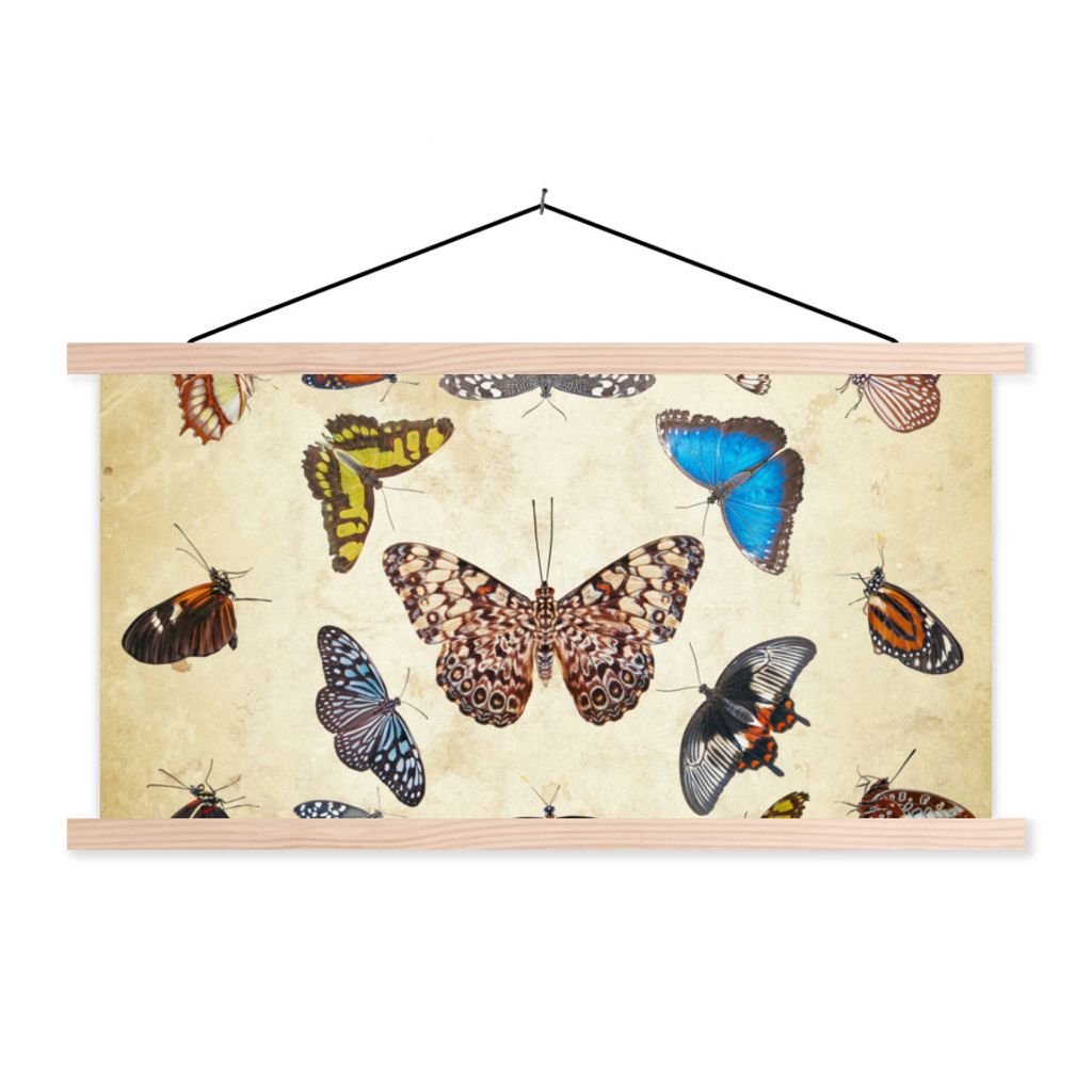 MuchoWow Textilposter Botanischer Druck Schmetterlinge 120x60 cm mit holzfarbenen Rahmen - Klemmleiste