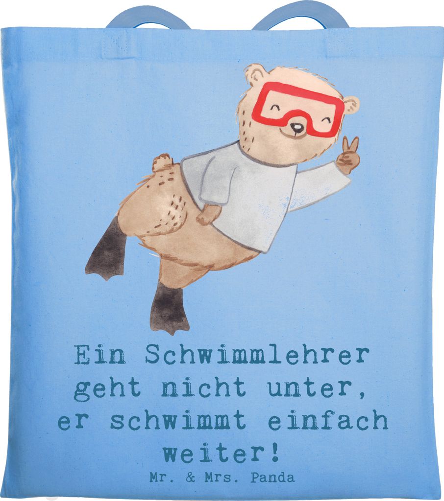 Mr. & Mrs. Panda Jutebeutel Schwimmlehrer Motivation - Sky Blue - Geschenk, handgefertigte Geschenke, Schwimmbad, Schwimmen, Stoffbeutel, Schwimmun...