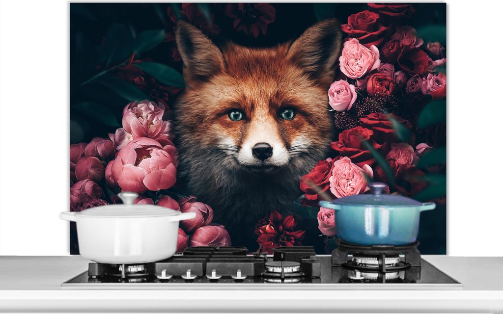 KitchenYeah Spritzschutz Küche - Küchenrückwand - Wandschutz für Herd und Spüle - Fuchs - Blumen - Tiere 100x65 - Alu-Dibond (Alternative z...