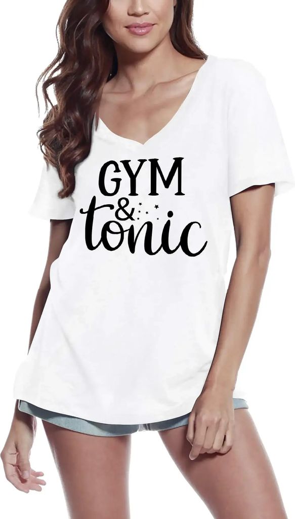 Damen Grafik T-Shirt V-Ausschnitt Fitnessstudio und Tonic – Gym And Tonic – Öko-Verantwortlich Vintage Jahrgang Kurzarm Lustige Druck Geburtstag