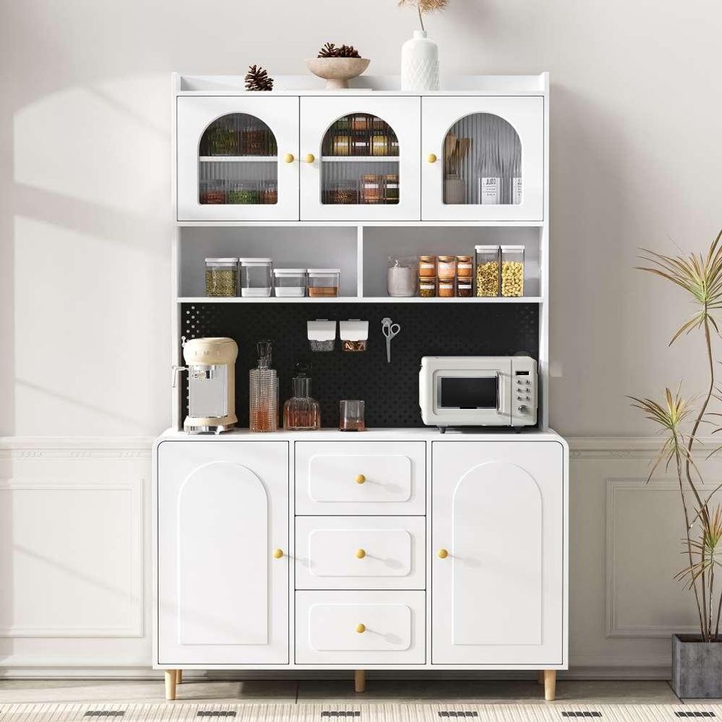 Highboard Küchenschrank mit verstellbaren Regalen Schubladen Riffelglas Wohnzimmer Natur