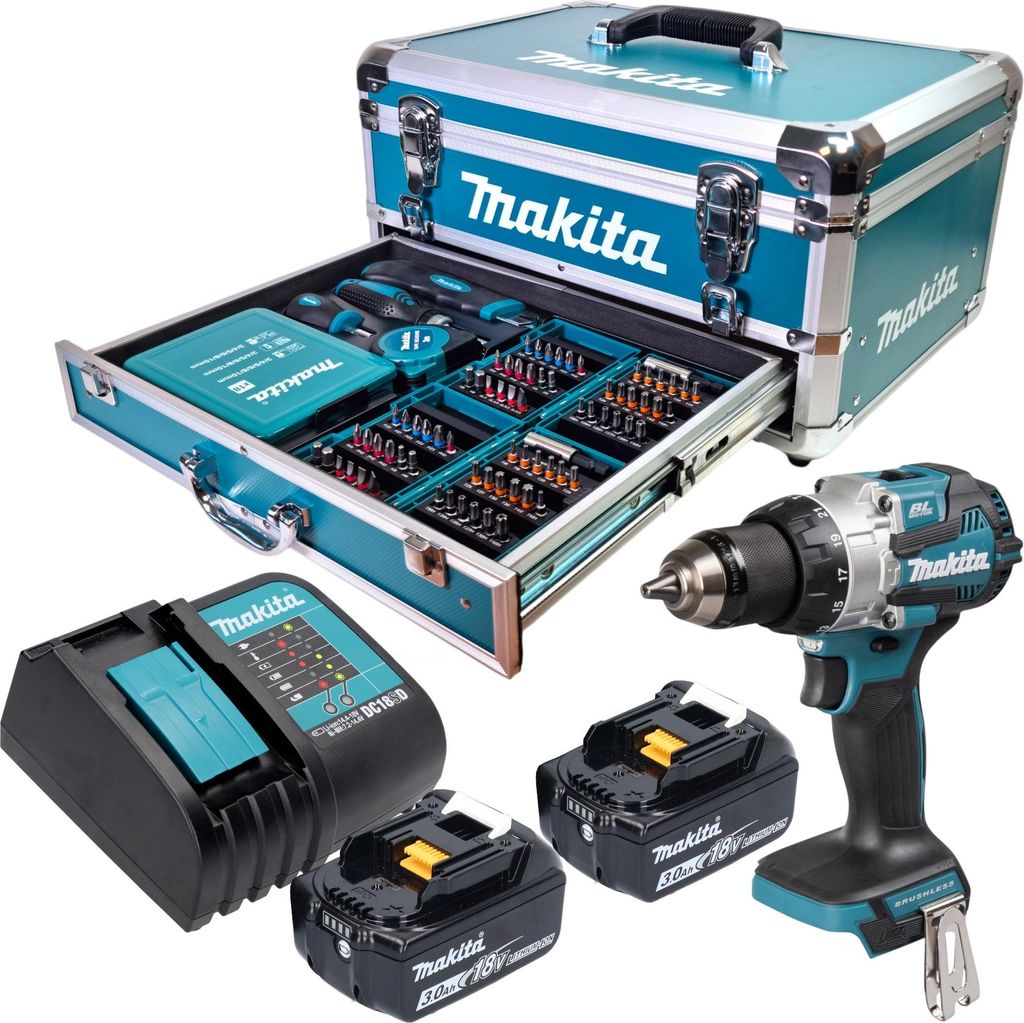 Makita DHP 489 SFX9 Akku Schlagbohrschrauber 18 V 73 Nm Brushless + 2x Akku 3,0 Ah + Ladegerät + 96 tlg. Zubehör Set + Koffer