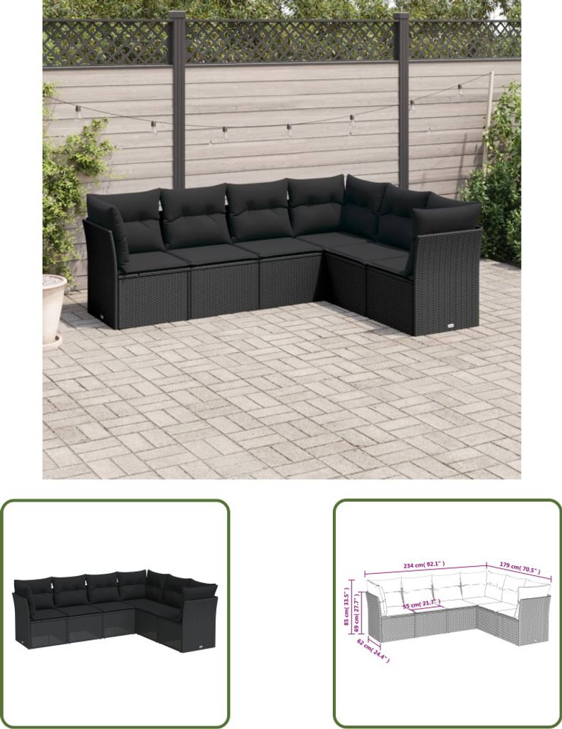 The Living Store 6-tlg. Garten-Sofagarnitur mit Kissen Schwarz Poly Rattan