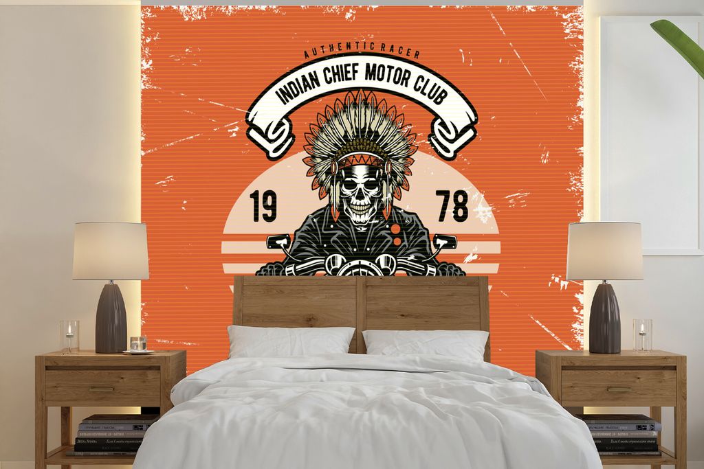MuchoWow Fototapete für Wohnzimmer oder Schlafzimmer Wandtapete Vinyl Motivtapete Indianer - Skelett - Retro - 280x280 cm - Hintergrundbild
