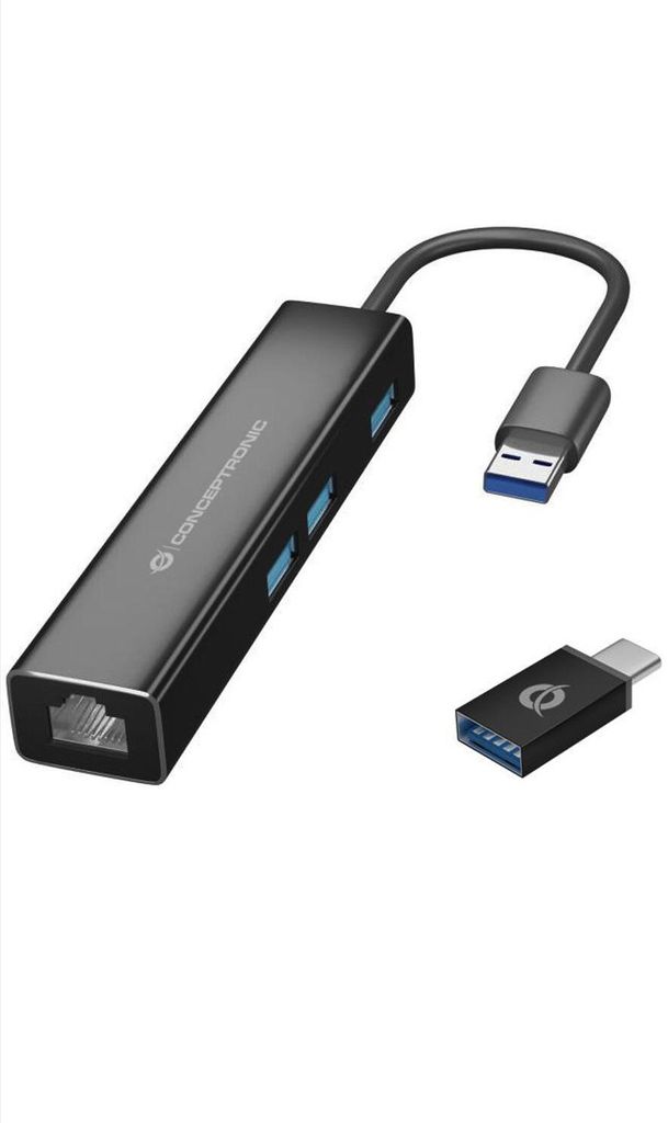 Conceptronic DONN07BA USB zu Gigabit-Netzwerkadapter mit 3-Port-USB-Hub, USB-A x 3, Wake-on-LAN, 2-in-1 USB-C USB-A Cable, Kabelgebunden, USB Type-...