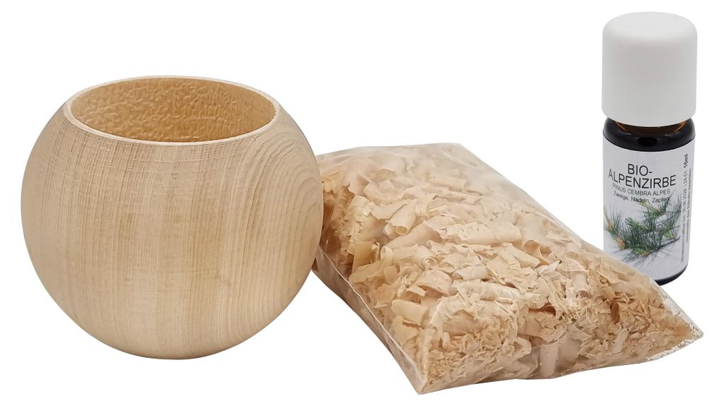 Duft Kugel mit Zirbenflocken und Zirben Duftöl Holz Deko Produktbild 