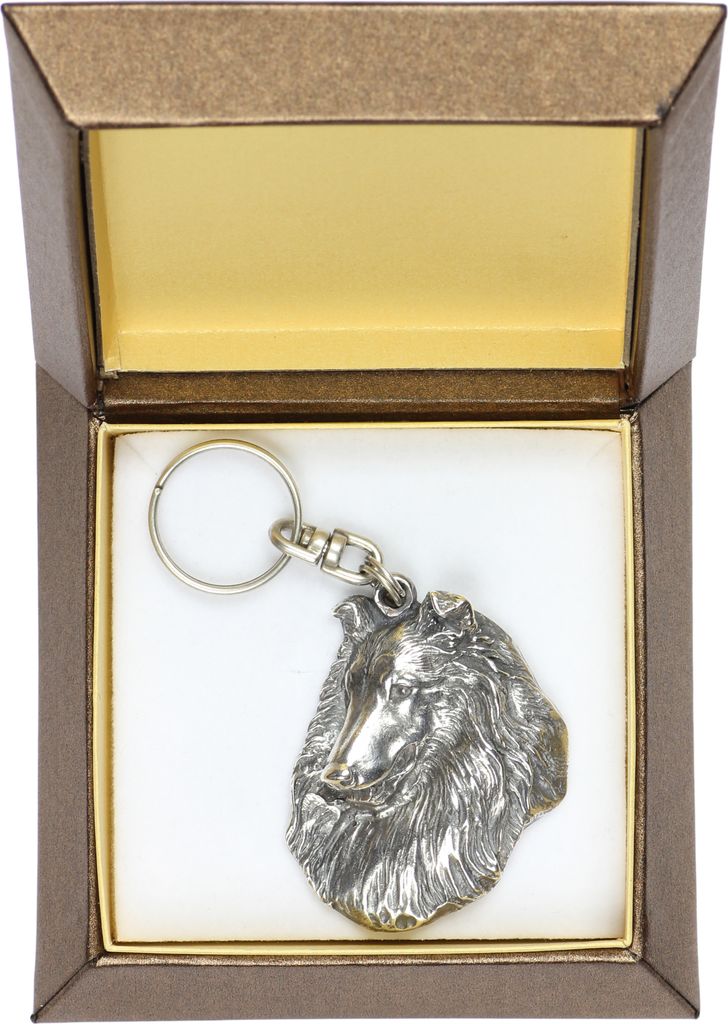 Langhaarcollie, Langhaariger Schottischer Schaferhund - Versilberter Anhänger mit einem Hund in einer dekorativen Box, Handtaschenschmuck, Rucksac...