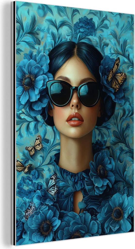 MuchoWow Wanddekoration Metall Metallbild Wandkunst 100x150 cm Frau - Blumen - Schmetterlinge - Blau - Abstrakt MuchoWow Aluminium Gemälde - Bild