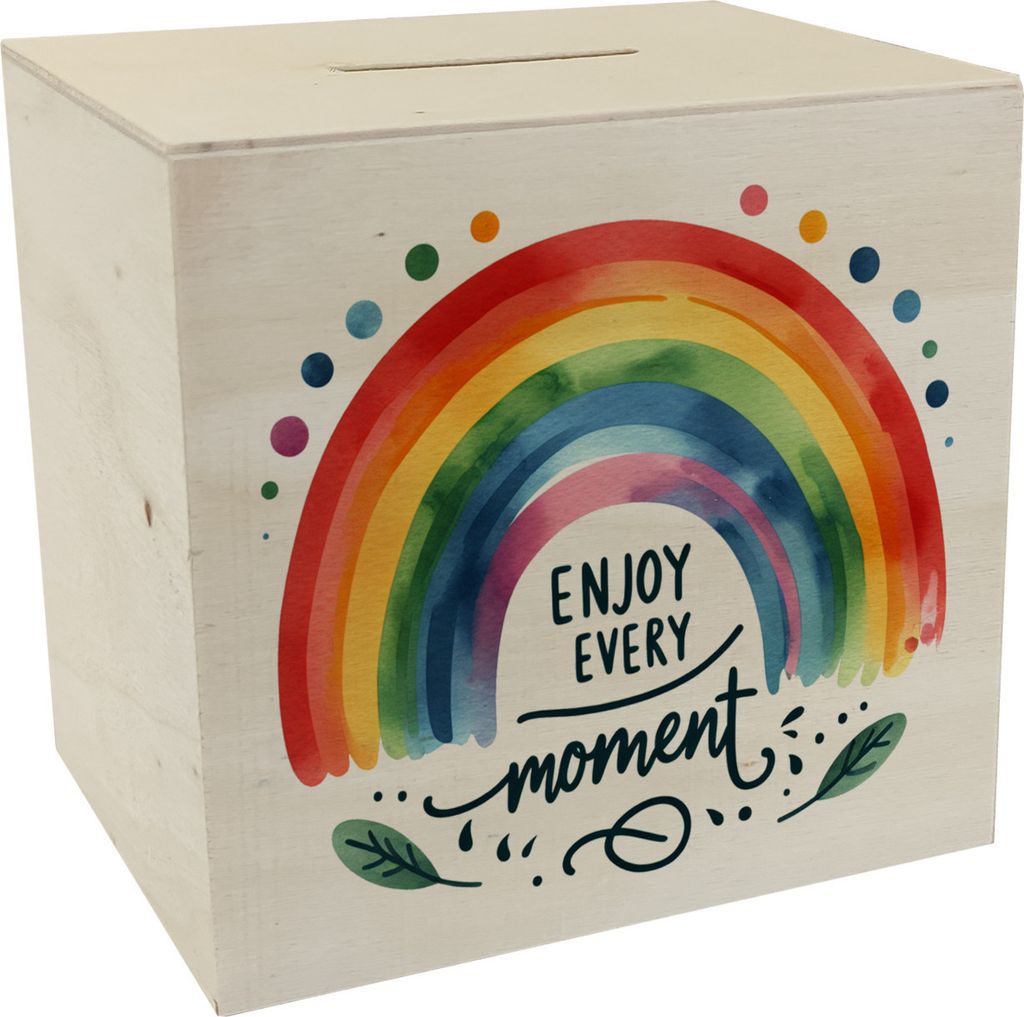 Regenbogen Spardose aus Holz mit Spruch Enjoy every moment