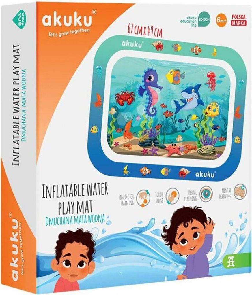 The image shows the packaging of an inflatable water play mat for children, featuring an underwater scene with marine life.