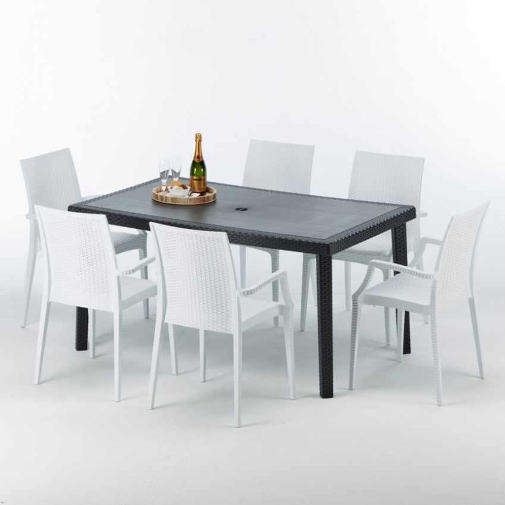 Poly Rattan Tisch Rechteckig mit 6 Bunten Polyrattan Stühlen 150x90 Schwarz
