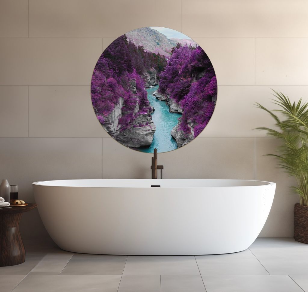 Wallario wasserfestes Poster selbstklebend 90 x 90 cm, Fluss in lilafarbener Schlucht, Badezimmerposter Spritzschutz mit Hochglanzoberfläche in Gl...