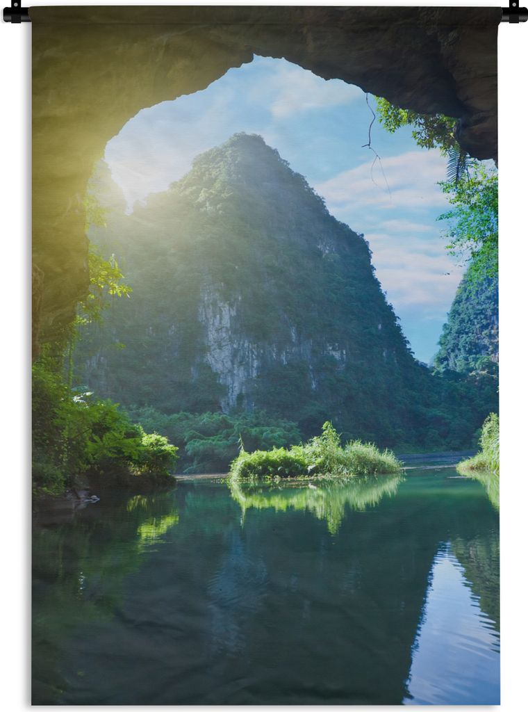 MuchoWow Wandteppich Wandbehang Wasser - Höhle - Sonne - Natur - Pflanzen 90x135 cm Tapisserie Dekoration Wandtuch - Baumwolle - Wandskulptur
