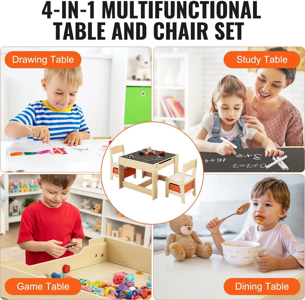 Set di sedute per bambini Tavolo per bambini, 2 sedie per bambini 1 tavolo Set di sedute per bambini in MDF di qualità P2, set di tavoli per bambini Robusti mobili per bambini con piano d'appoggio bifacciale e contenitore Set di mobili per bambini - 6