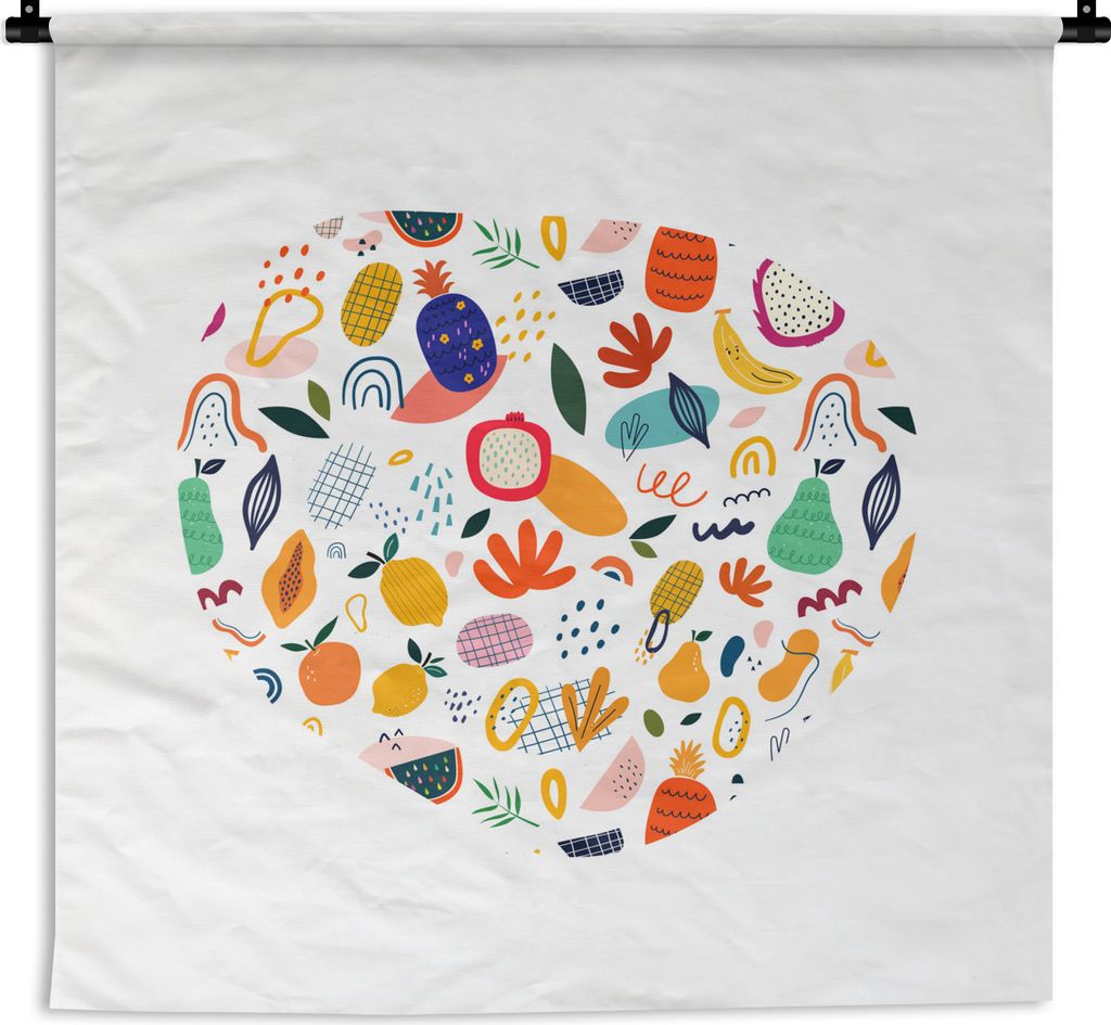MuchoWow Wandteppich Wandbehang Obst - Ananas - Banane - Pflanzen - Weiß 90x90 cm Tapisserie Dekoration Wandtuch - Wandaufhänger