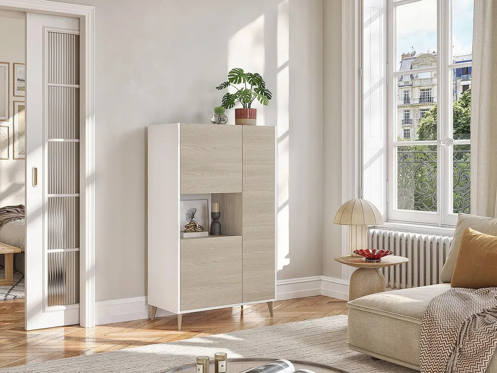 Buffet Haut 3 Portes KOLYMA - Meuble de Rangement Chêne et Blanc Mat