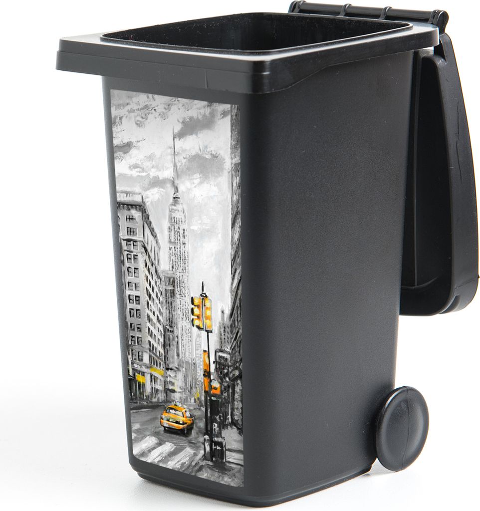 MuchoWow Mülltonnenaufkleber Malerei - Stadt - Auto - Gelb 38x80 cm - Behälteraufkleber - Mülleimer-Aufkleber - Container-Aufkleber