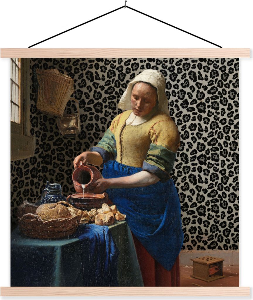 MuchoWow Textilposter Milchmädchen - Kunst - Pantherdruck - Vermeer - Gemälde - Alte Meister 40x40 cm mit holzfarbenen Rahmen - Posterleiste