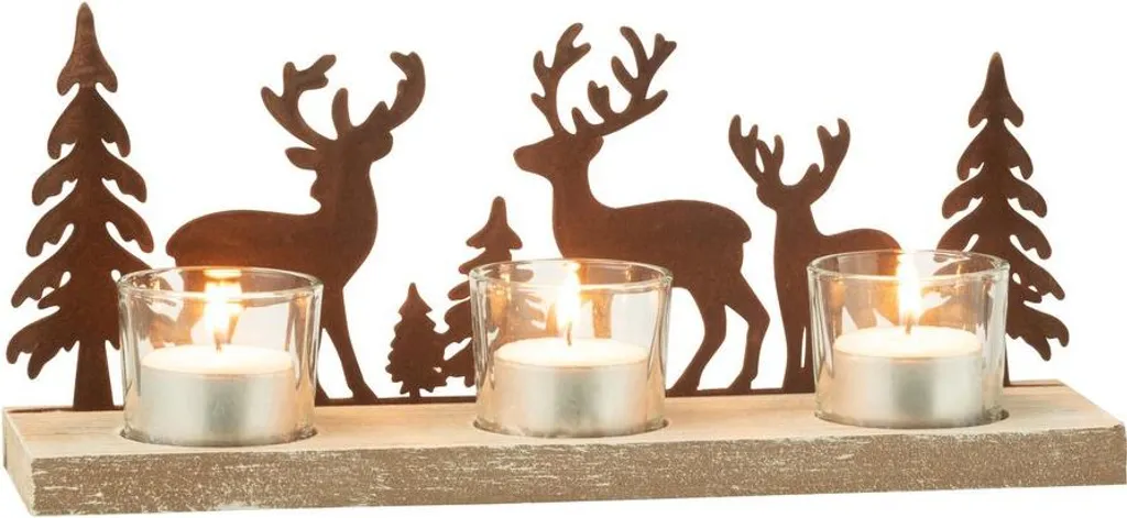 Bougeoirs de Noël Renne et Sapins en Bois et Métal J-Line - Lot de 3
