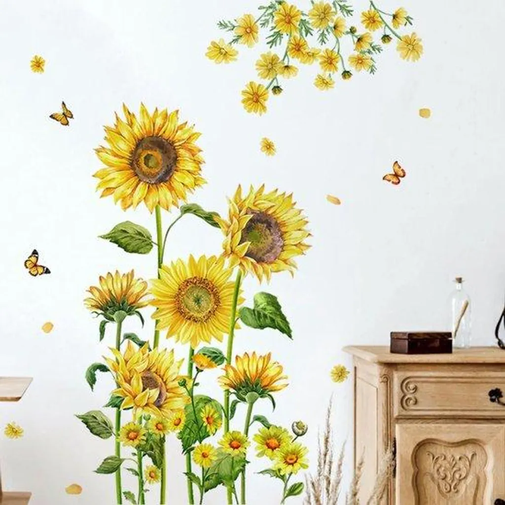 Autocollants muraux soleil et fleurs bohèmes pour salon et chambre - 40x60cm