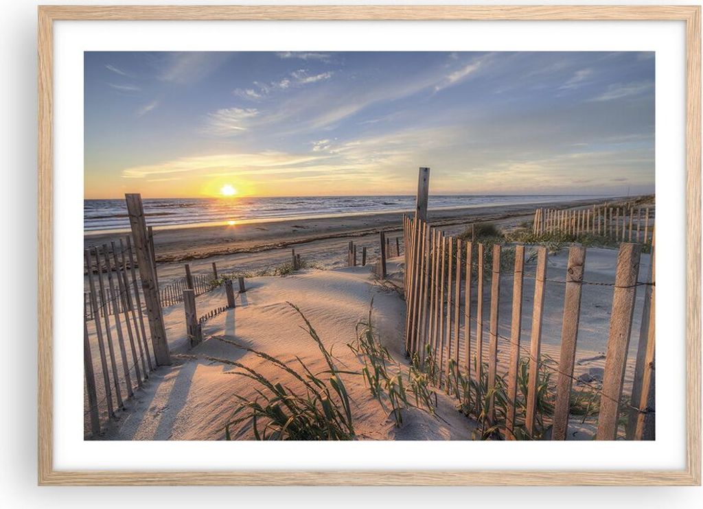 Gerahmtes Poster - Rahmen in heller Eiche - Westen Sonne Düne - 70x50 cm - Wand Bild - Wanddeko - Wandbilder - Wandposter - Bilderrahmen - Bilder ...