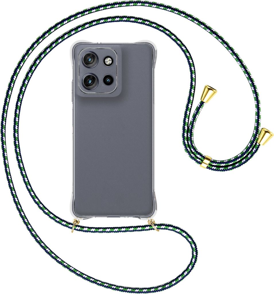 Handykette Backcover-Schutzhülle mit Band (Metall goldfarben) für Motorola Moto G Power 5G (2025) - grün/blau/weiß
