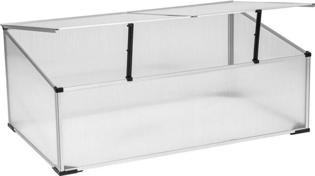 A transparent cold frame greenhouse with a silver frame.