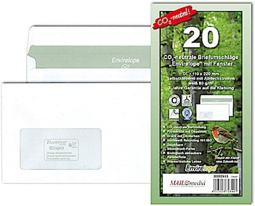 MAILmedia Briefumschlag Envirelope DIN Lang weiß mit Fenster links 20 Stück