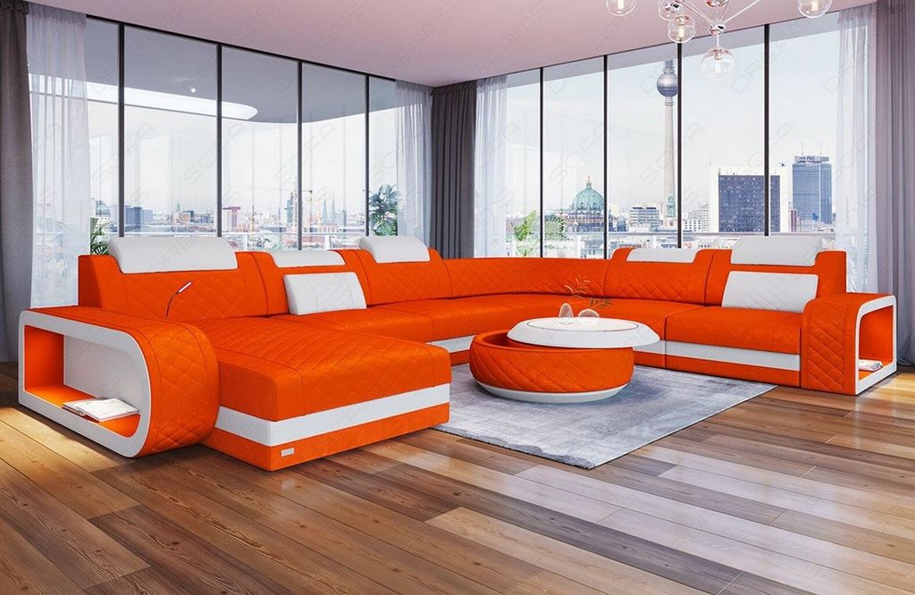 XXL Sofa U Form Berlin Stoff Mini mit Licht USB Webstoff Strukturstoff