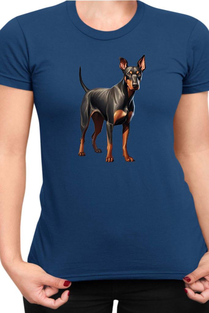Damen T-Shirt Dogs Breeds Doberman Pinscher Dog Breed 006, Lady L / Dunkelblau
