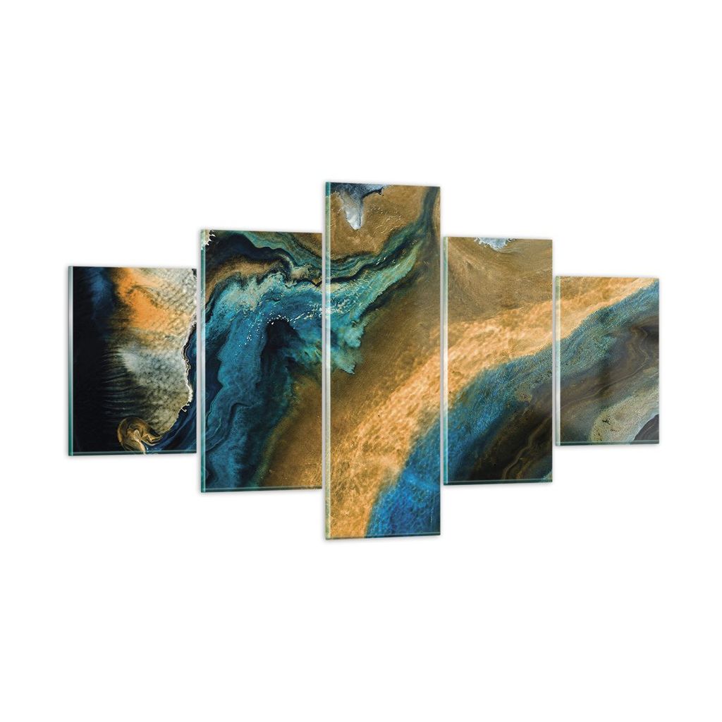 Bilder auf glas - 5 Teile - Abstraktion verschüttet Gold - 125x70cm - Glasbilder - Wandbilder - Bilder - Wanddekoration aus Glas - Glas Bilder - W...