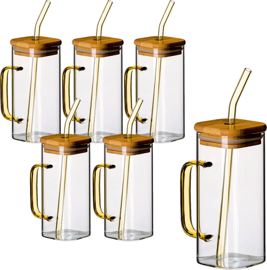 gouveo 6er Set Trinkgläser 350 ml gelb mit Henkel, Deckel Produktbild 