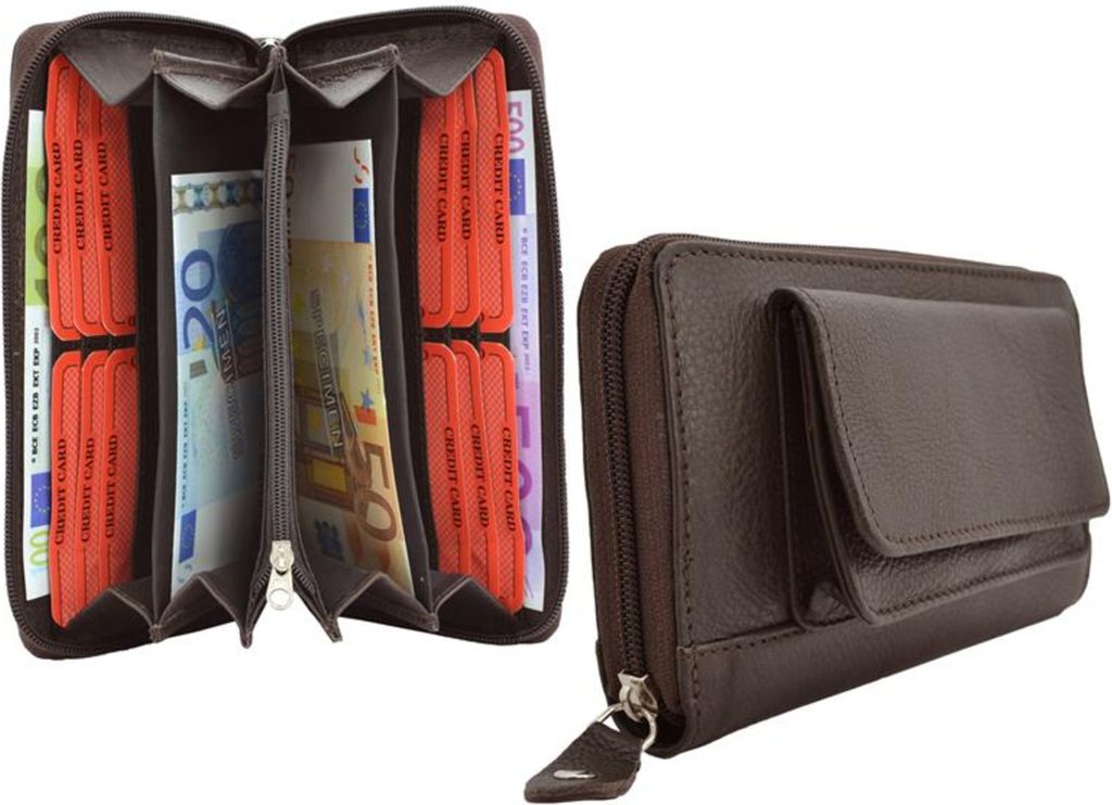 Große Damenbörse 1 Reißverschluss rundum mit Außentasche Vollrind Leder dunkelbraun