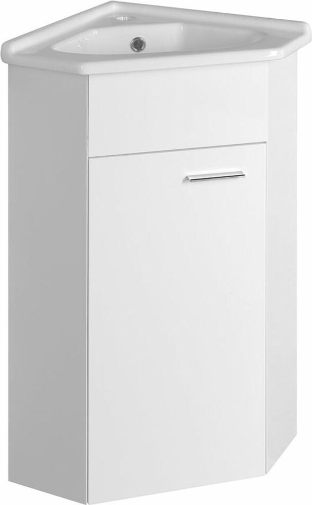 A white corner sink cabinet with a single door and a silver handle.