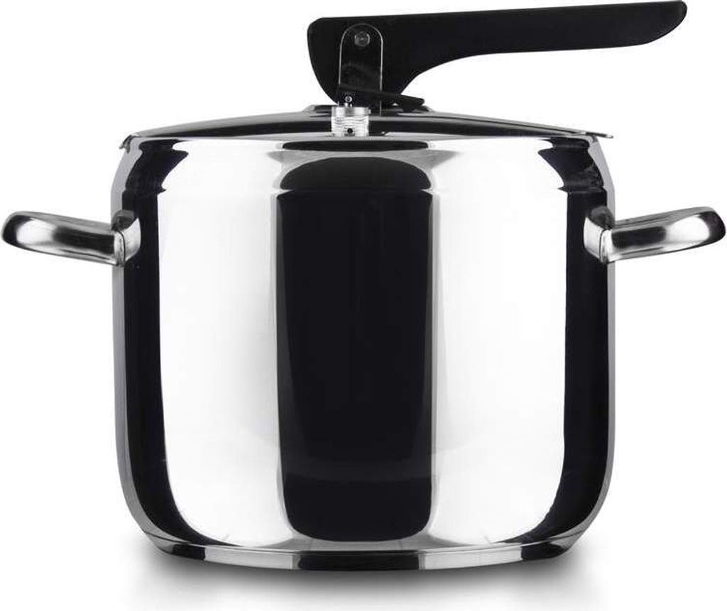 A studio shot of a stainless steel pressure cooker with a black handle.