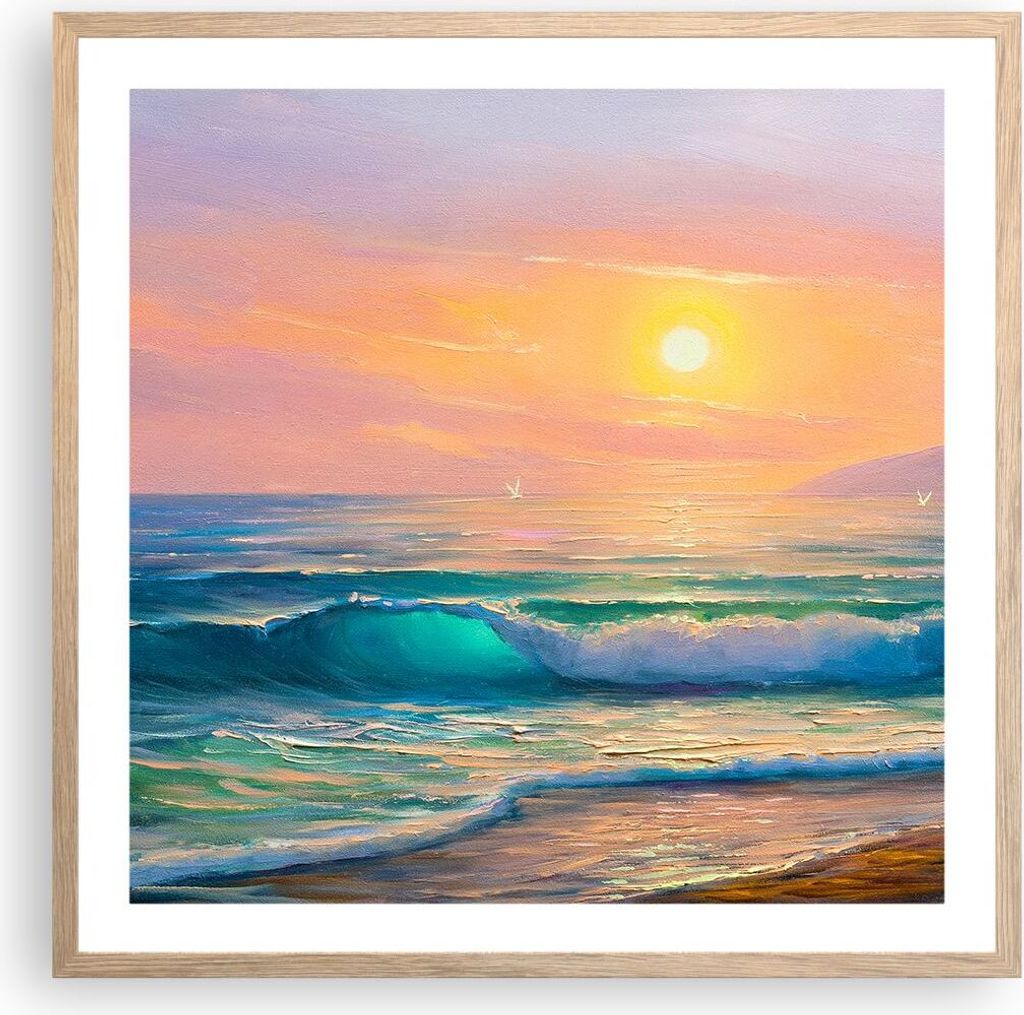 Gerahmtes Poster - Rahmen in heller Eiche - Meer Welle Ufer - 60x60 cm - Wand Bild - Wanddeko - Wandbilder - Kunstposter - Wandposter - Bilderrahme...