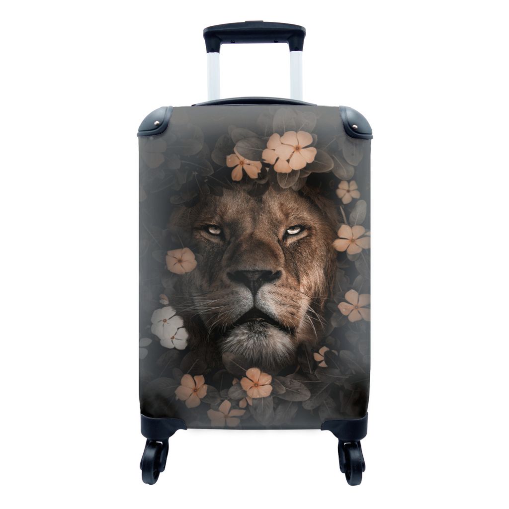 MuchoWow Koffer Handgepäck Trolley Rollkoffer Kleine Reisekoffer mit 4 Rollen - Dschungel - Löwe - Blumen - Cabin Size < 55x40x23 cm & 55x40x20...