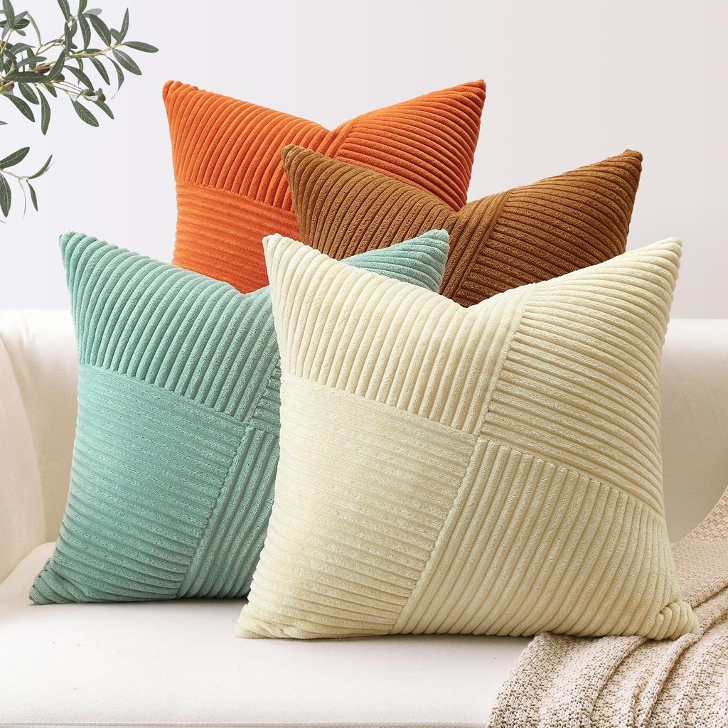 Set mit 4 Kissenbezügen aus Cord, Sofakissen aus Cord mit Windmühlenstreifen, Dekokissen, Patchwork-Design, dekorative Kissenbezüge für das Woh...
