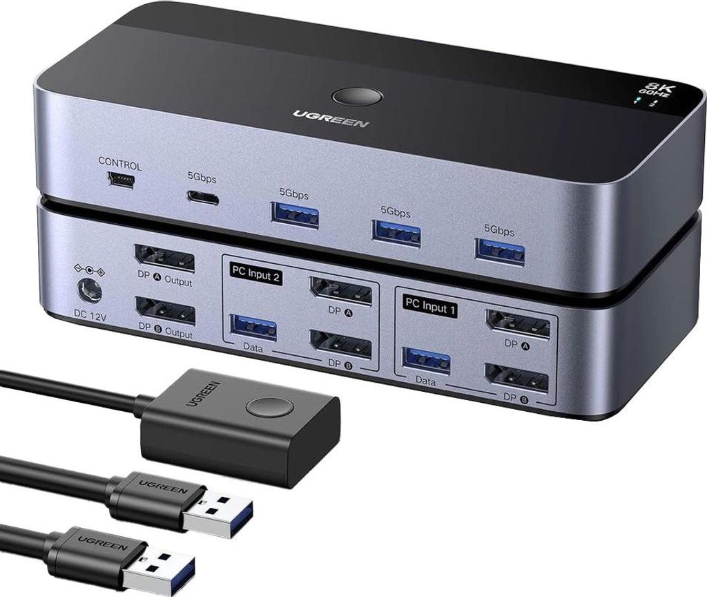 KVM Switch mit Gerteschalter, 4x USB-A 5Gb/s, 6x DisplayPort 8K 60Hz, 1x USB-C, 1x mini USB + 2x kabel USB-A 3.0, Ugreen AK700, Schwarz-Silber