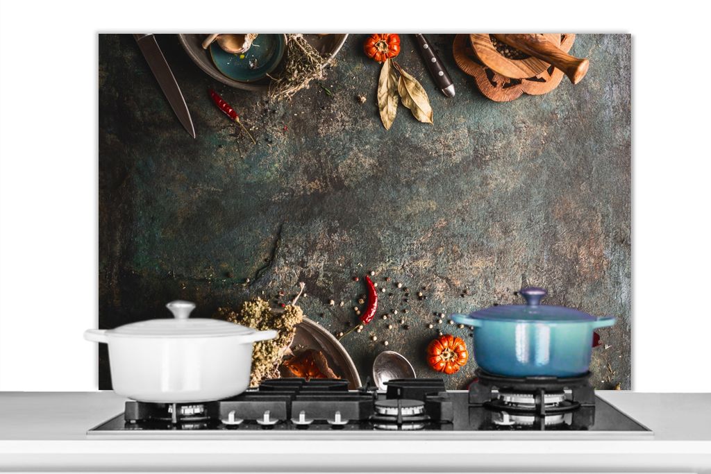 KitchenYeah Spritzschutz Küche - Küchenrückwand - Wandschutz für Herd und Spüle - Marmor - Gemüse - Herbst - Kürbis - Rustikal - Kräuter...