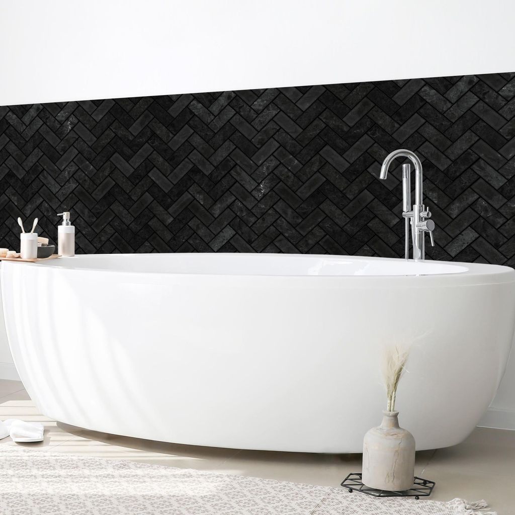 Wandverkleidung Bad mit Motiv selbstklebend - 0.61 mm Wandpaneel matt wasserfest Design schwarz Fliesenoptik Badrückwand fugenlos 200x100 cm